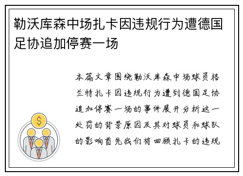 勒沃库森中场扎卡因违规行为遭德国足协追加停赛一场 勒沃库森中场扎卡因违规行为遭德国足协追加停赛一场